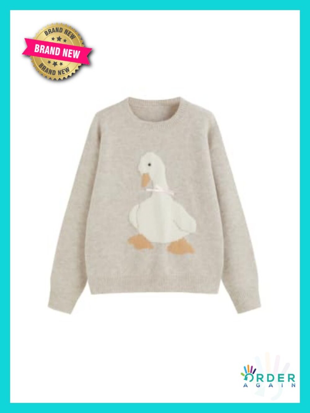 Oversized Marled Wool Blend Duck Graphic Pullover Sweater Long Sleeve Round Neck